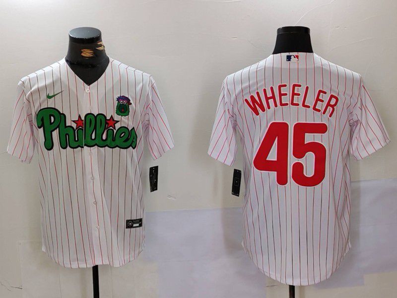 Men Philadelphia Phillies 45 Wheeler White stripe Second generation Joint Name 2024 Nike MLB Jersey style 1
